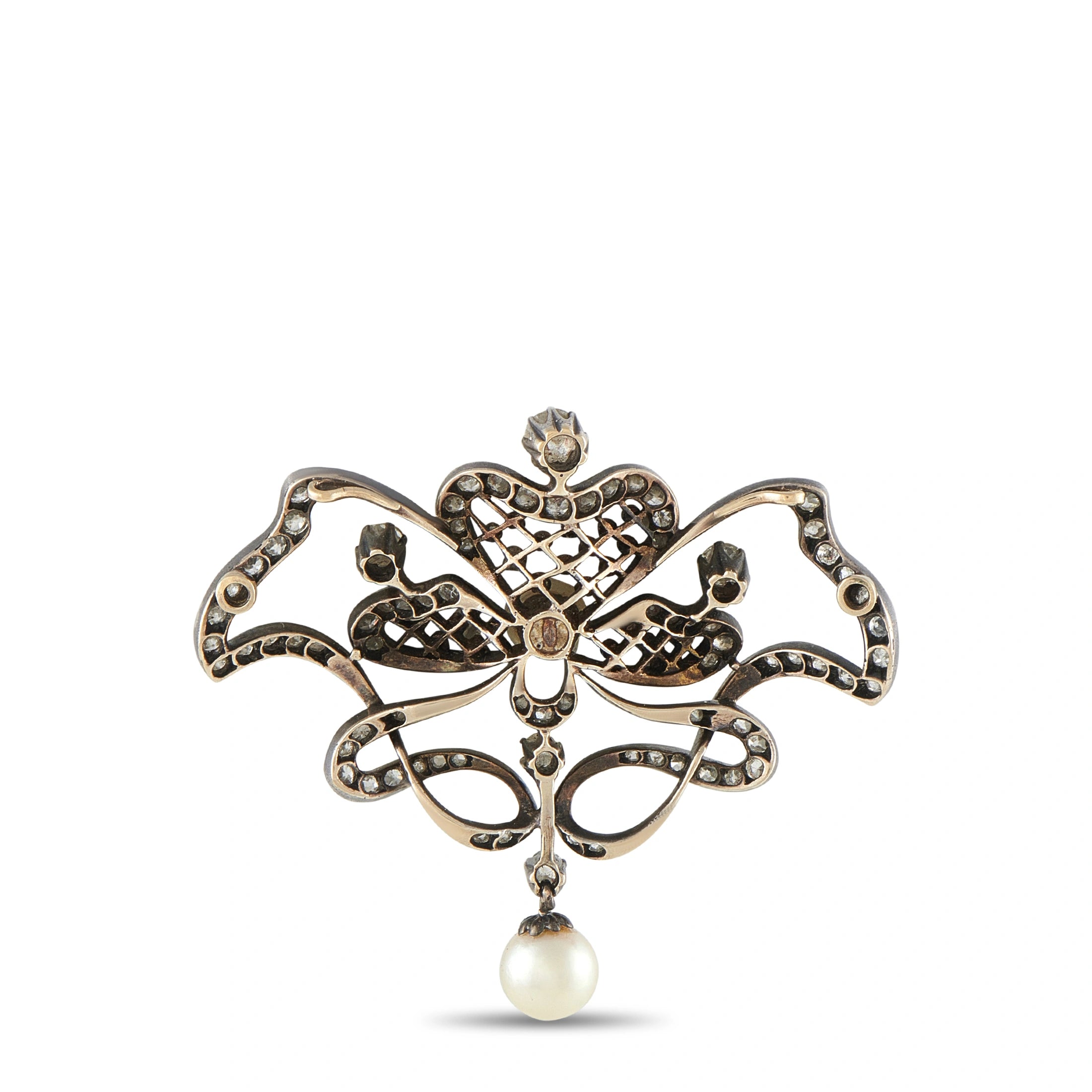Antique 14K White Gold and Silver 1.70ct Diamond and Pearl Brooch