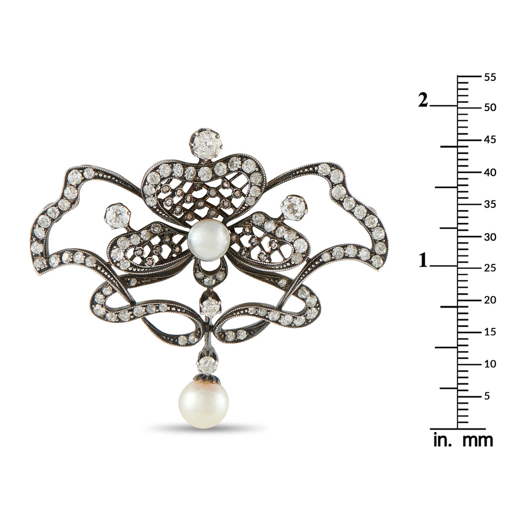 Antique 14K White Gold and Silver 1.70ct Diamond and Pearl Brooch