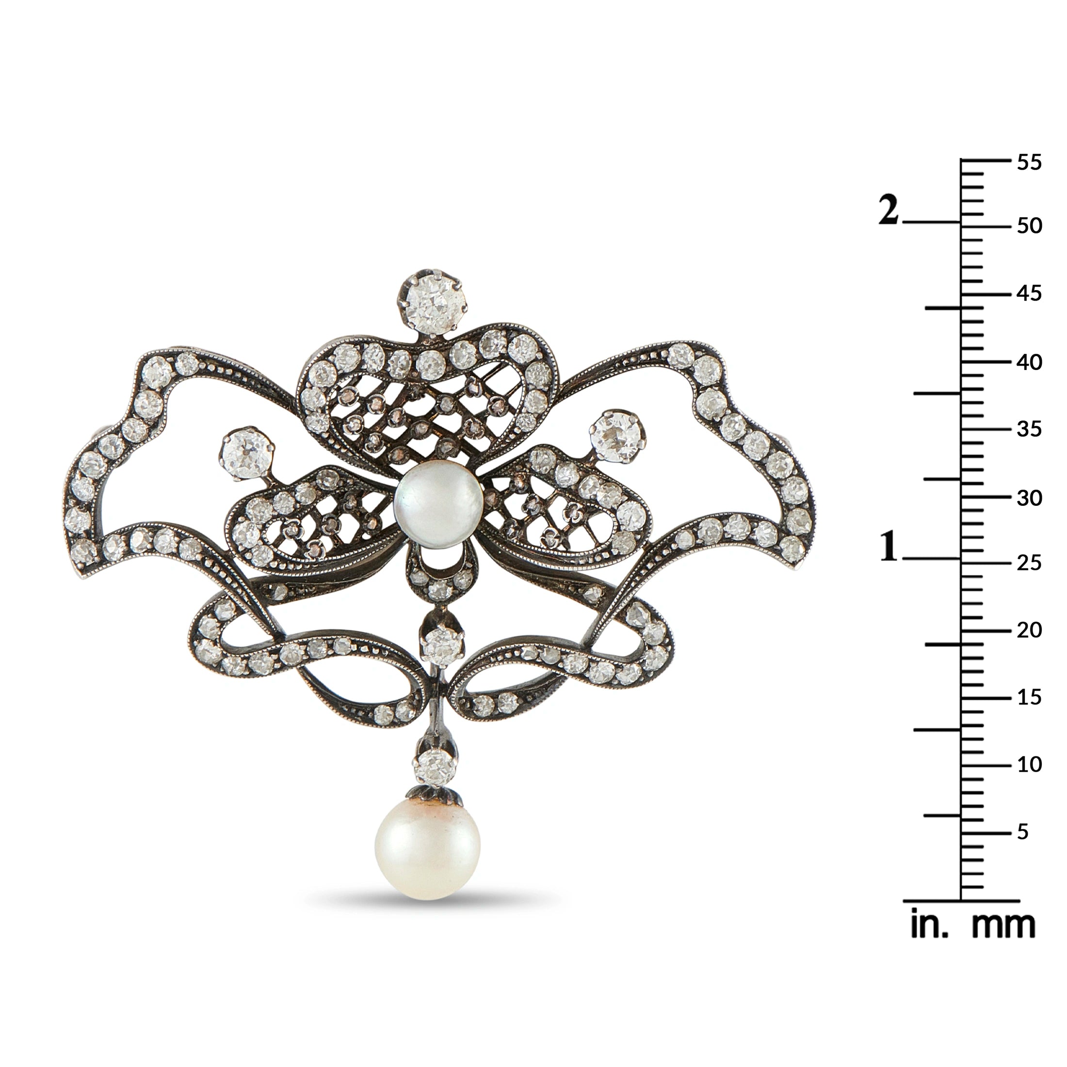Antique 14K White Gold and Silver 1.70ct Diamond and Pearl Brooch