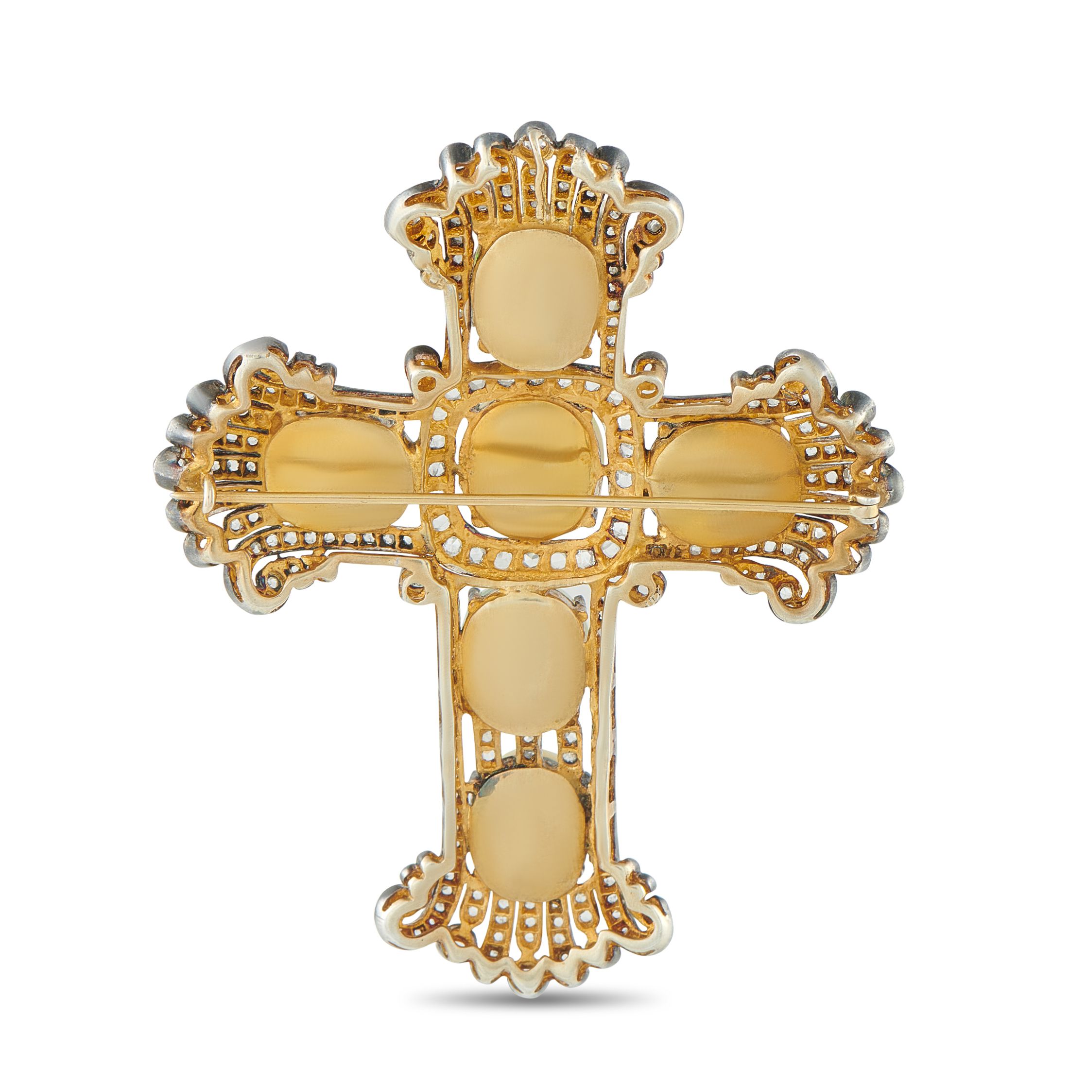 Exclusive 14K White Gold and Silver Diamond and Opal Cross Brooch