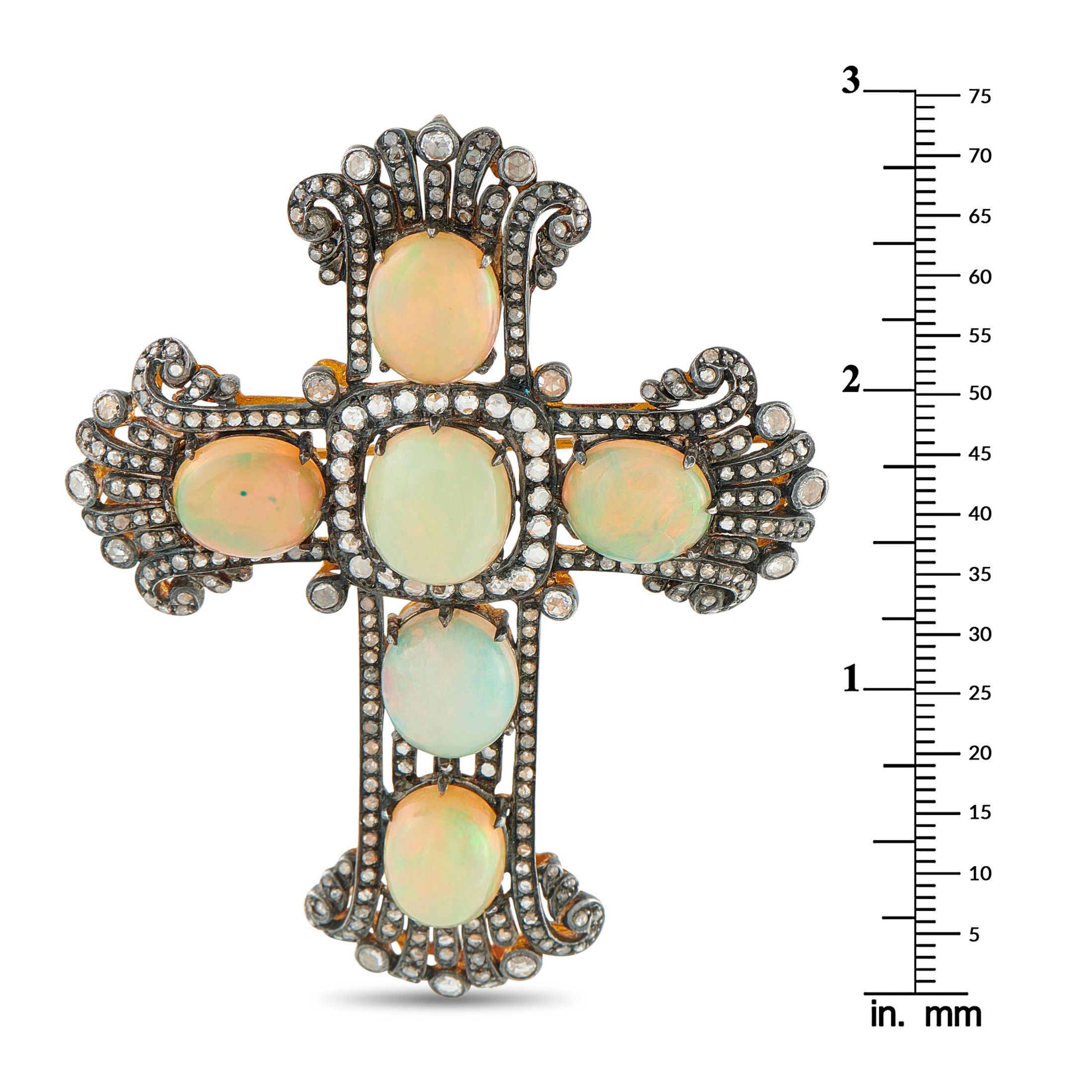Exclusive 14K White Gold and Silver Diamond and Opal Cross Brooch