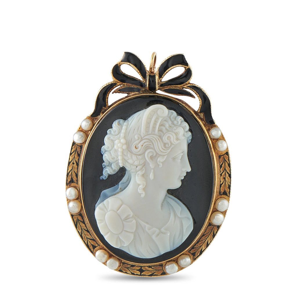 Antique 14K Yellow Gold Enameled Cameo Brooch