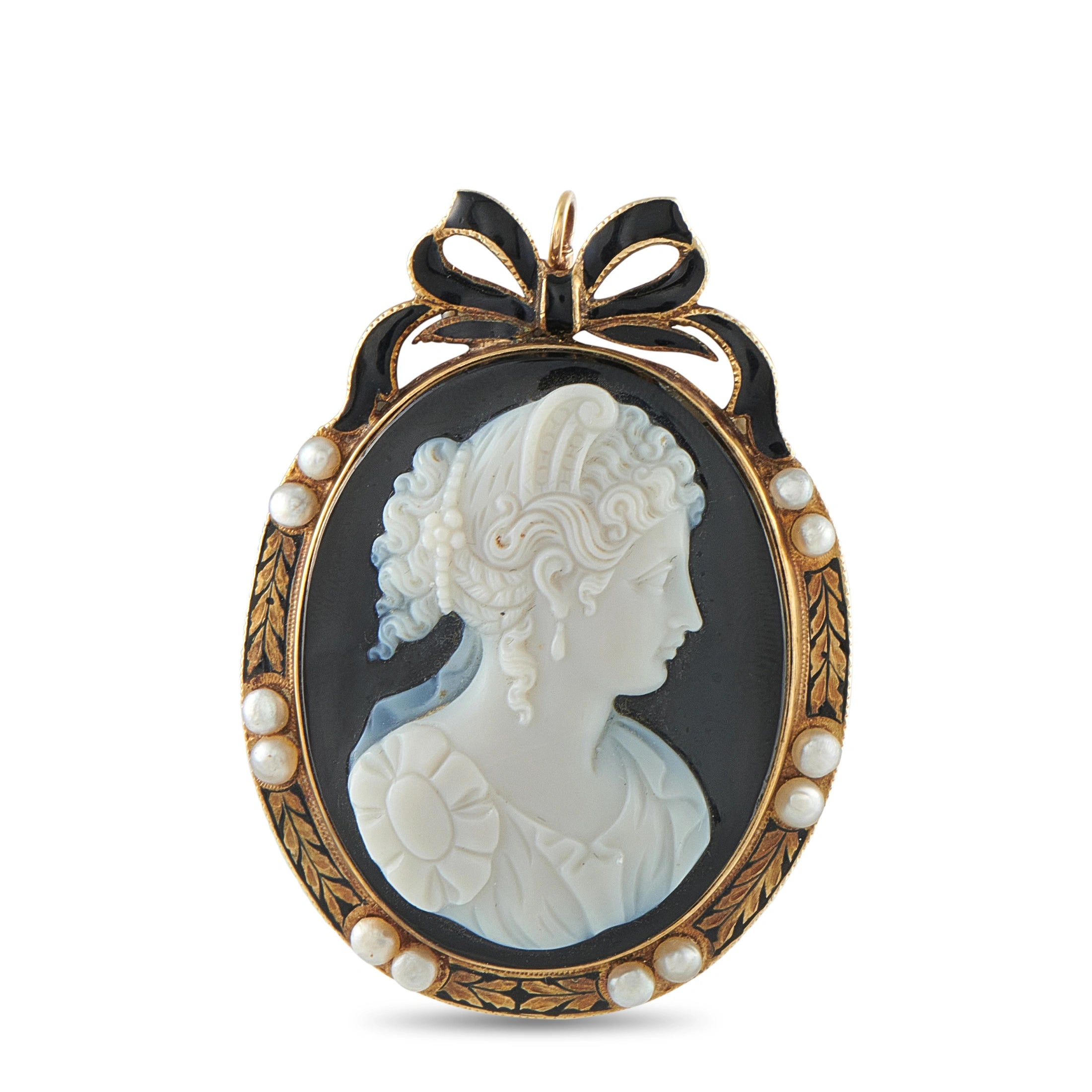 Antique 14K Yellow Gold Enameled Cameo Brooch
