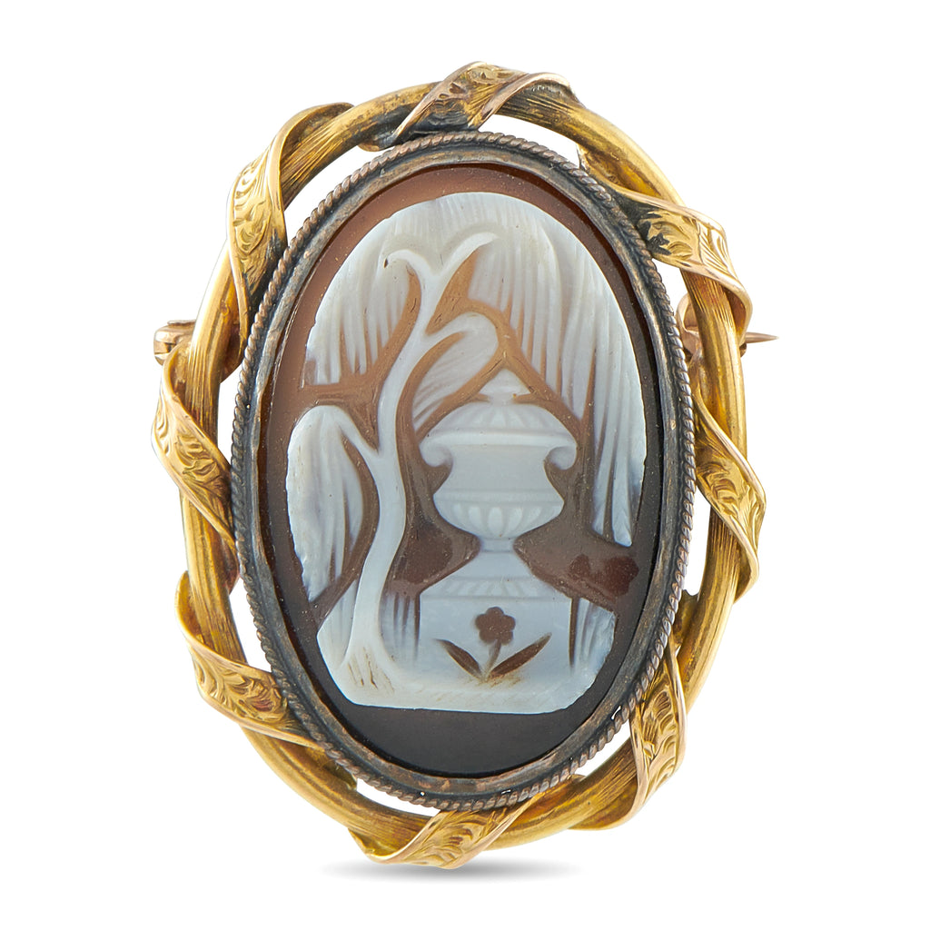 Antique cameo mourning brooch, 14K yellow gold frame with white and brown oval portrait