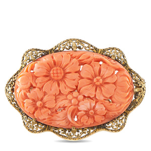 Antique 14K Yellow Gold Carved Coral Floral Brooch