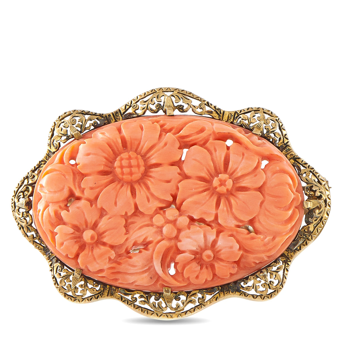 14K yellow gold filigree brooch with carved coral floral oval