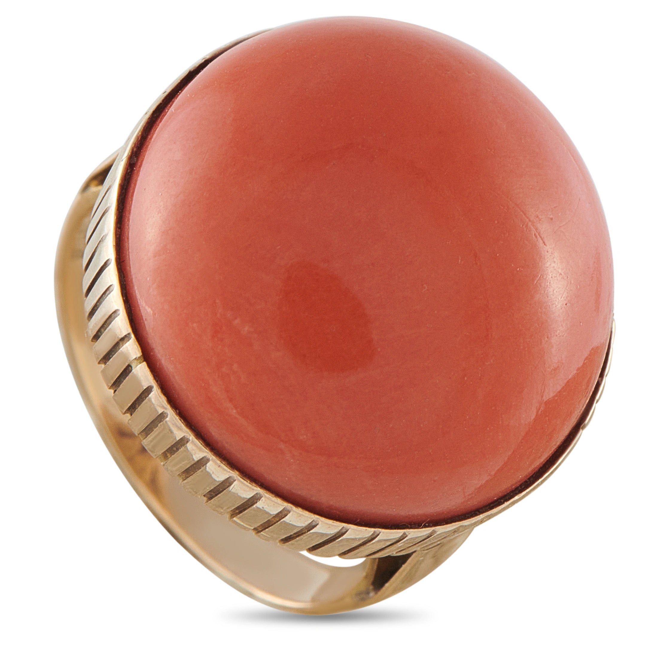 14K yellow gold dome cocktail ring with coral red cabochon and ridged bezel edge