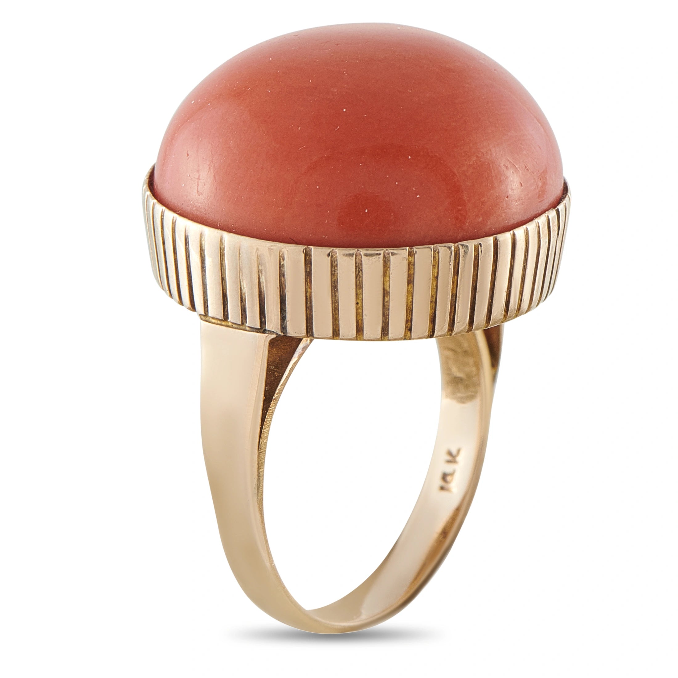 14K yellow gold ring with coral red domed cabochon and vertical ribbed band
