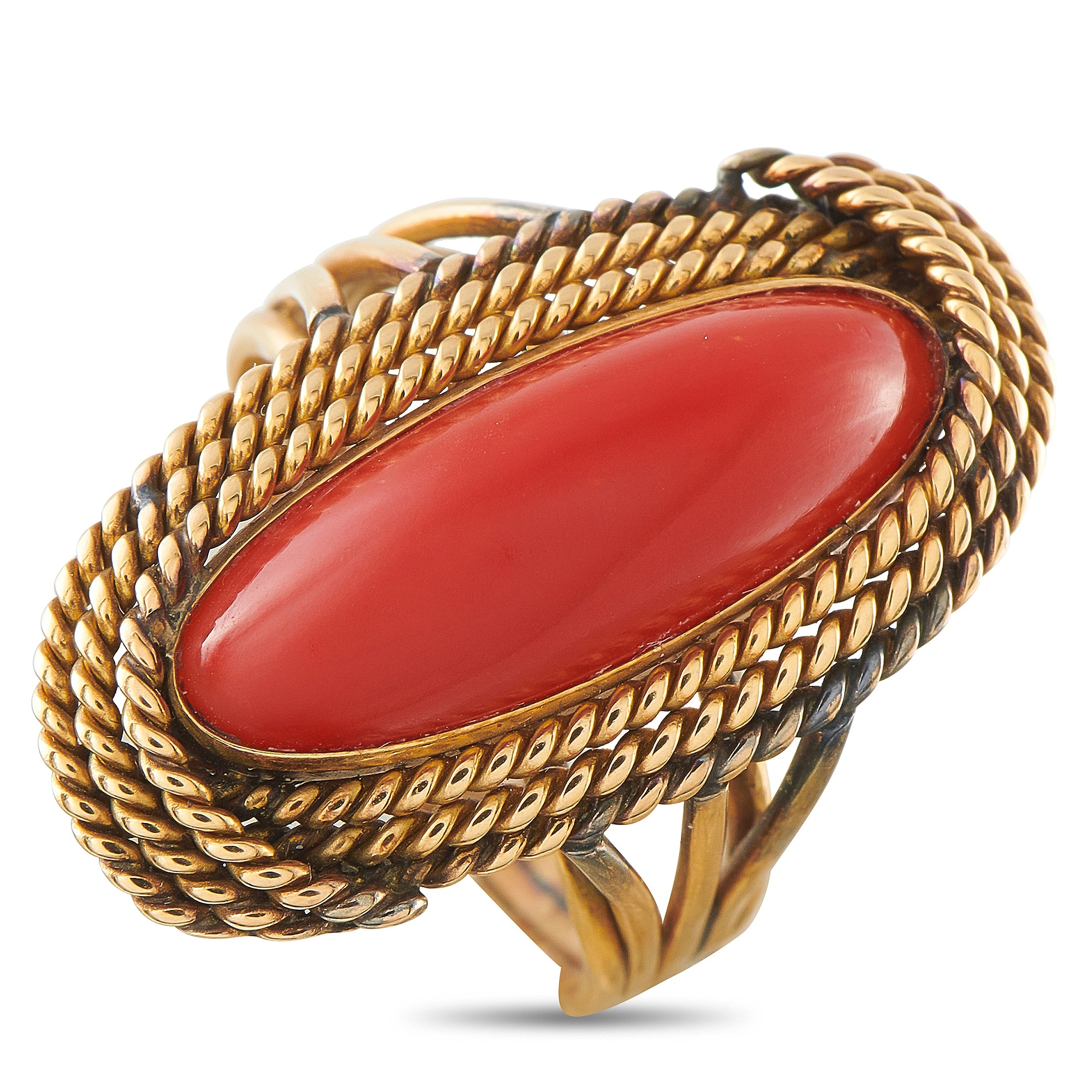14K yellow gold cocktail ring with red oval coral cabochon and braided rope band