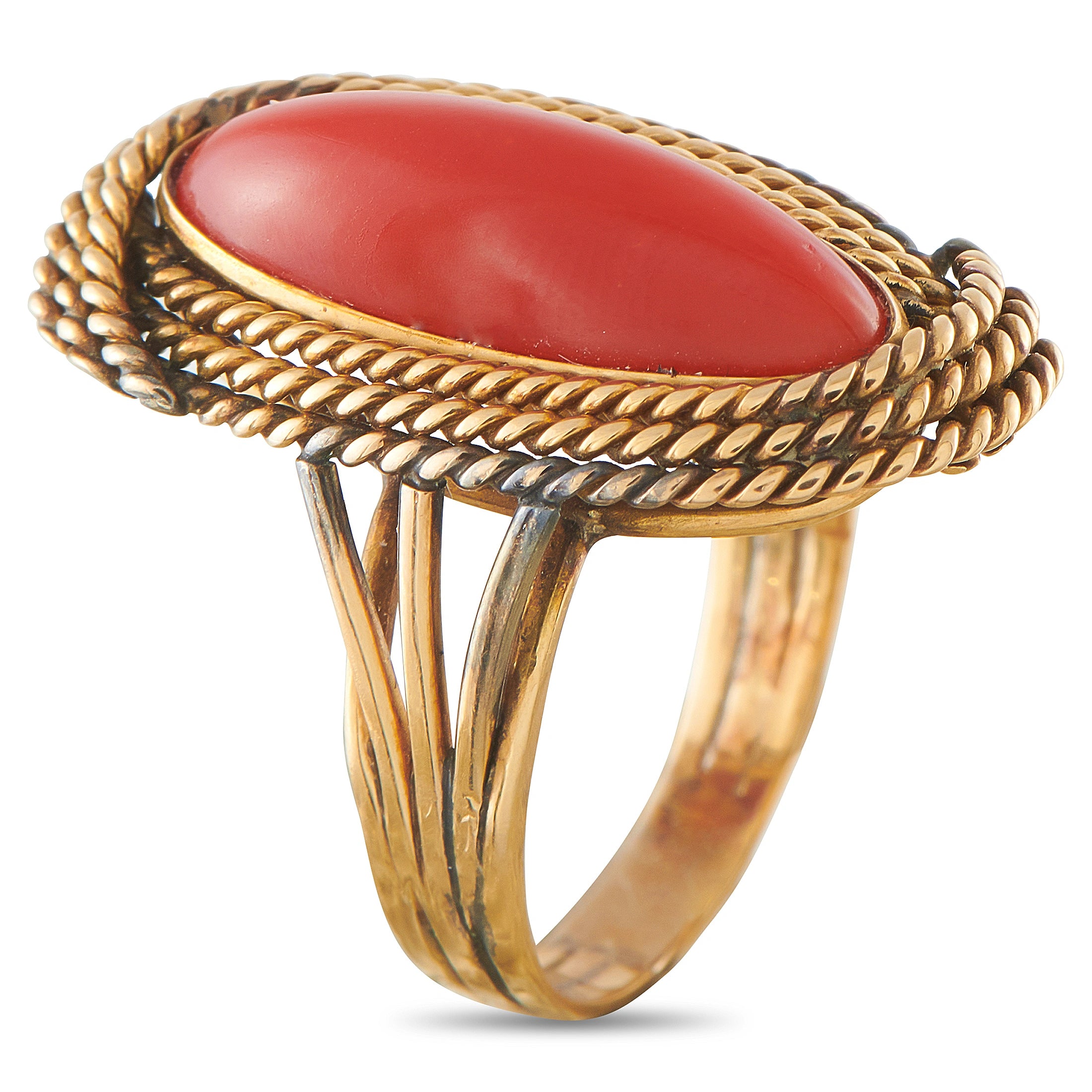 14K yellow gold ring with red oval cabochon, twisted rope bezel, openwork shank