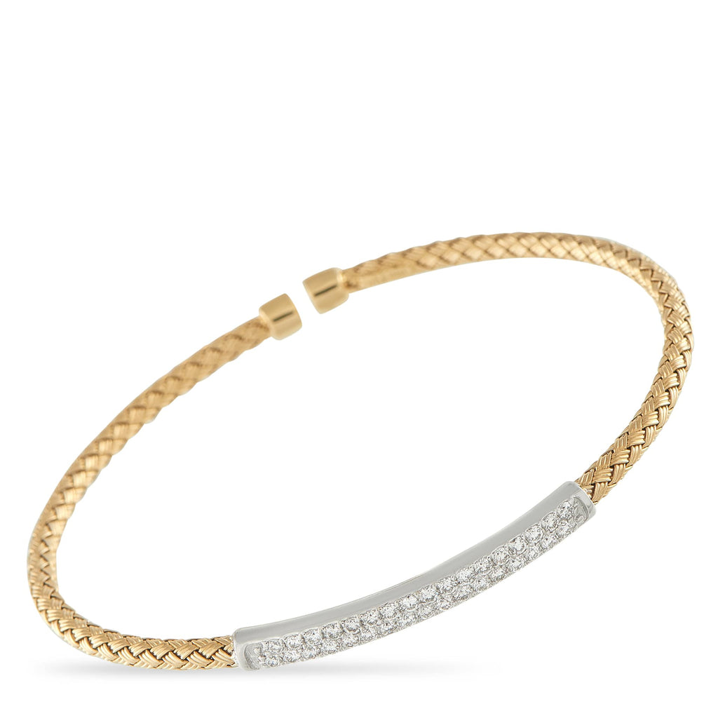 Exclusive 14K Yellow Gold 0.65ct Diamond Woven Bangle Bracelet Two tones, textured weave, and a flicker of pavé diamonds to catch the eye with ease. This open bangle in 14K yellow gold has