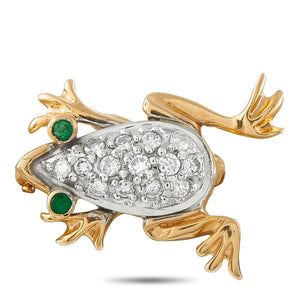 14K Yellow Gold 0.60ct Diamond and Emerald Frog Brooch
