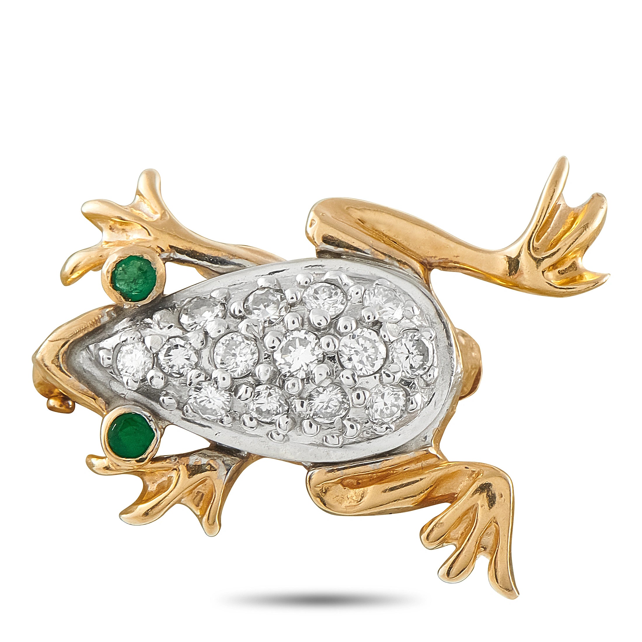 14K Yellow Gold 0.60ct Diamond and Emerald Frog Brooch