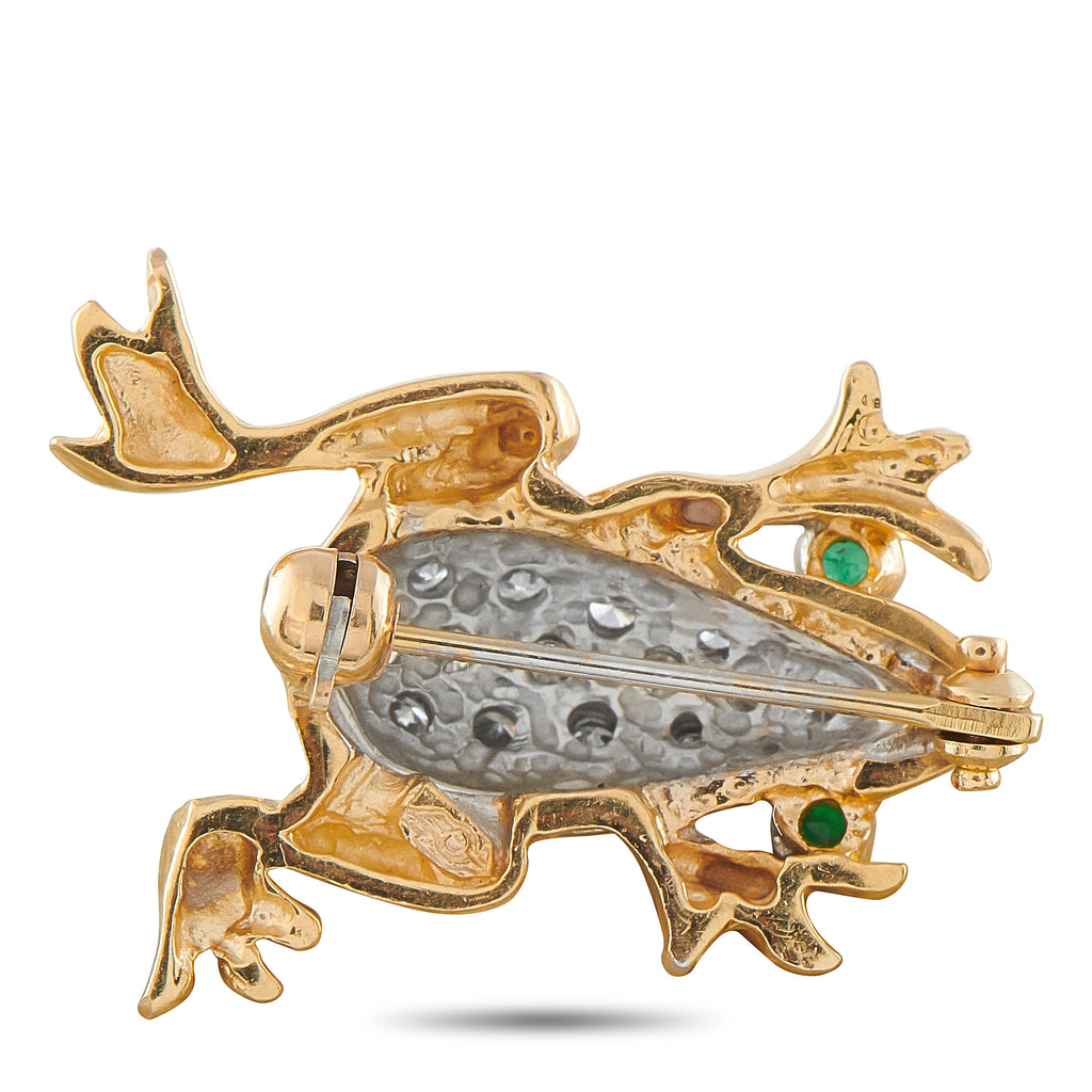 14K Yellow Gold 0.60ct Diamond and Emerald Frog Brooch
