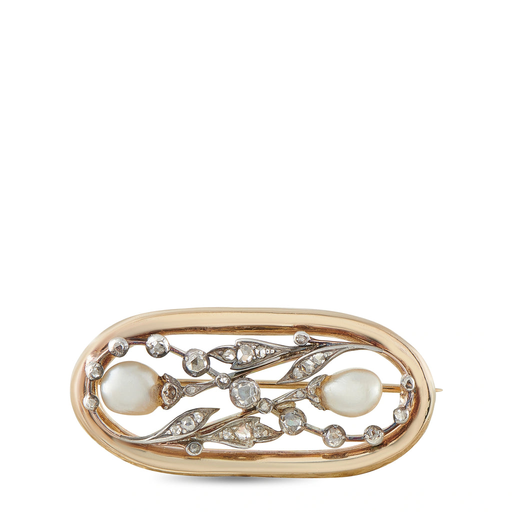 Oval antique brooch with gold frame, silver filigree, baroque pearls, diamond accents