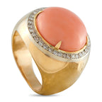 14K Yellow Gold 0.75ct Diamond and Coral Ring