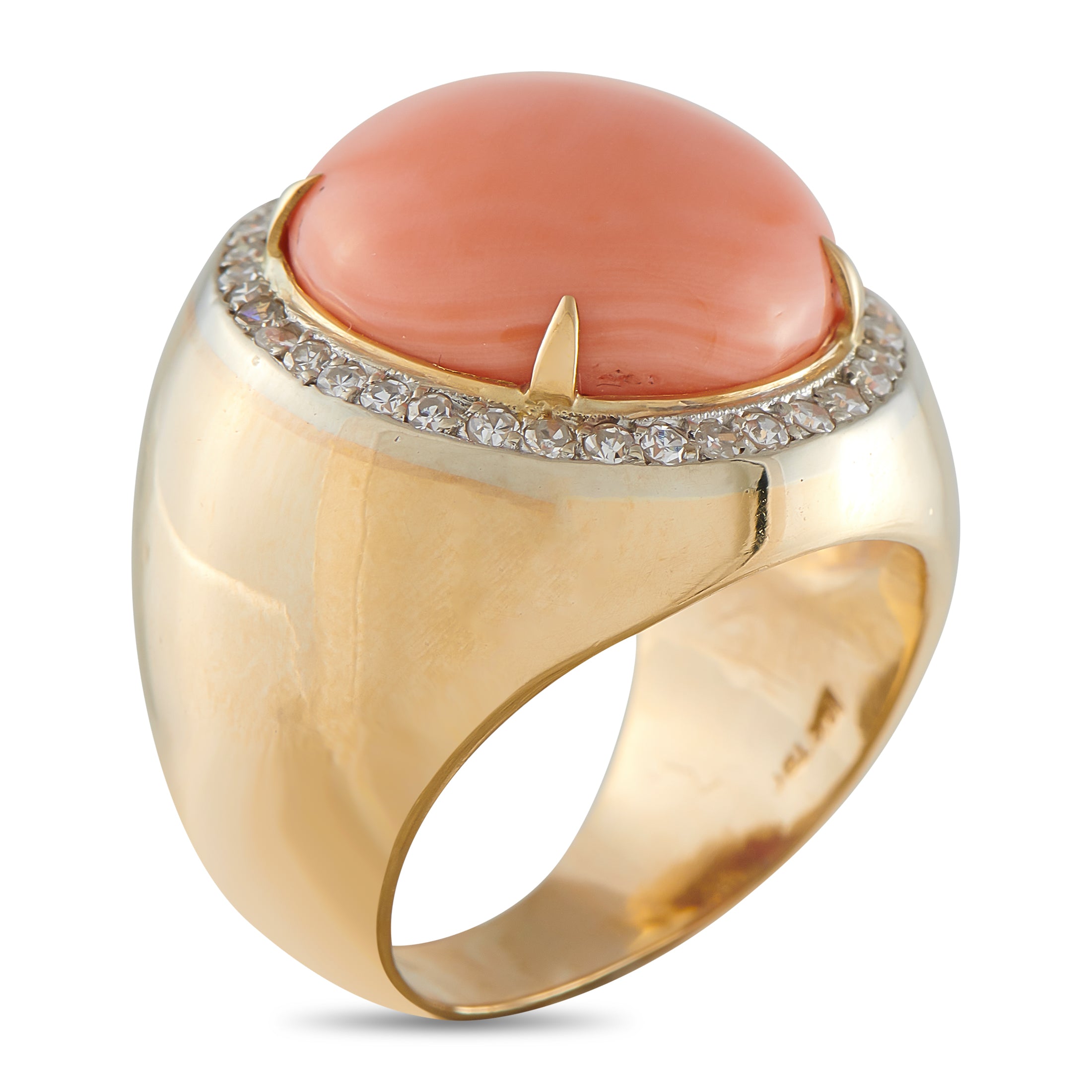 14K Yellow Gold 0.75ct Diamond and Coral Ring