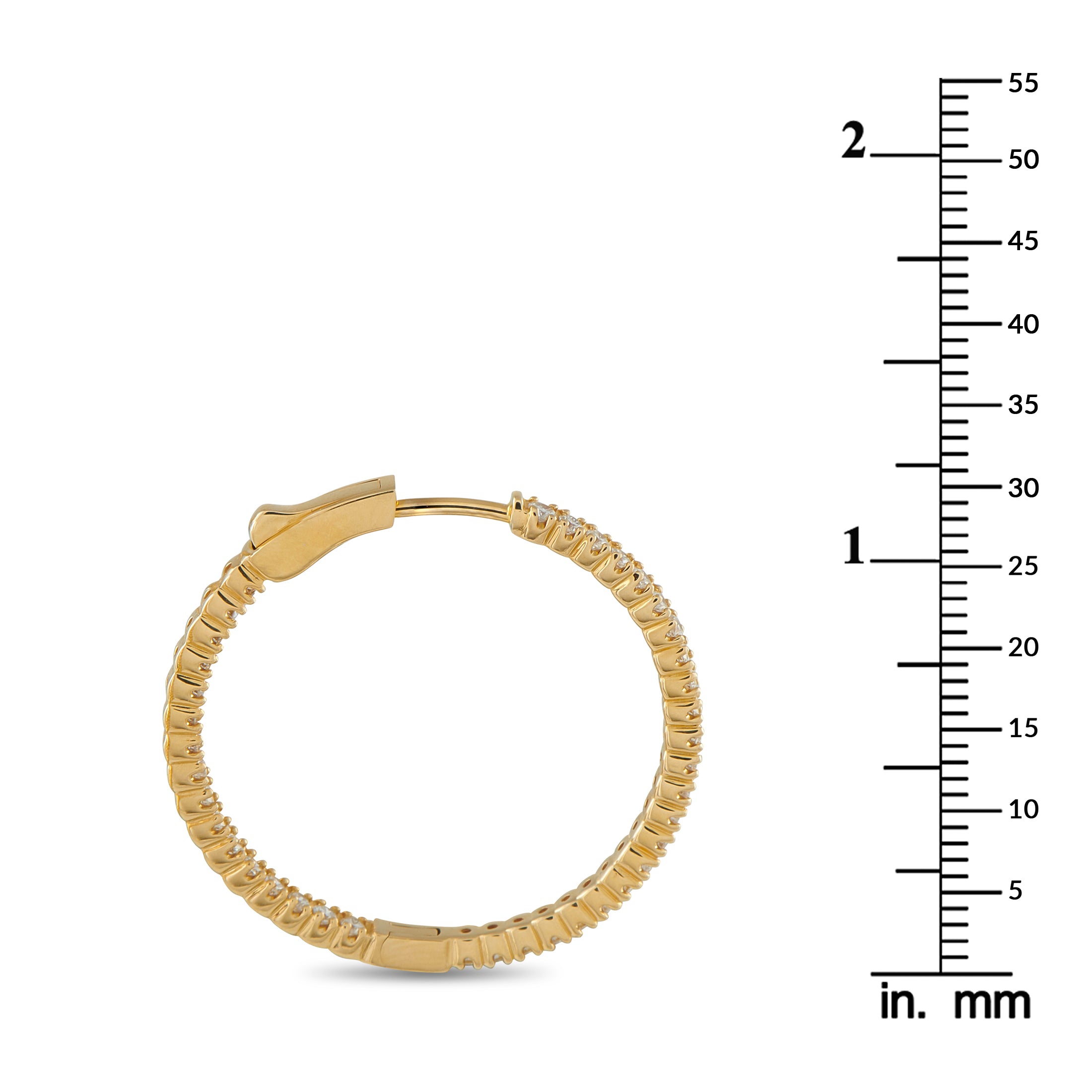 14K yellow gold inside-out diamond hoop earring with hinged clasp