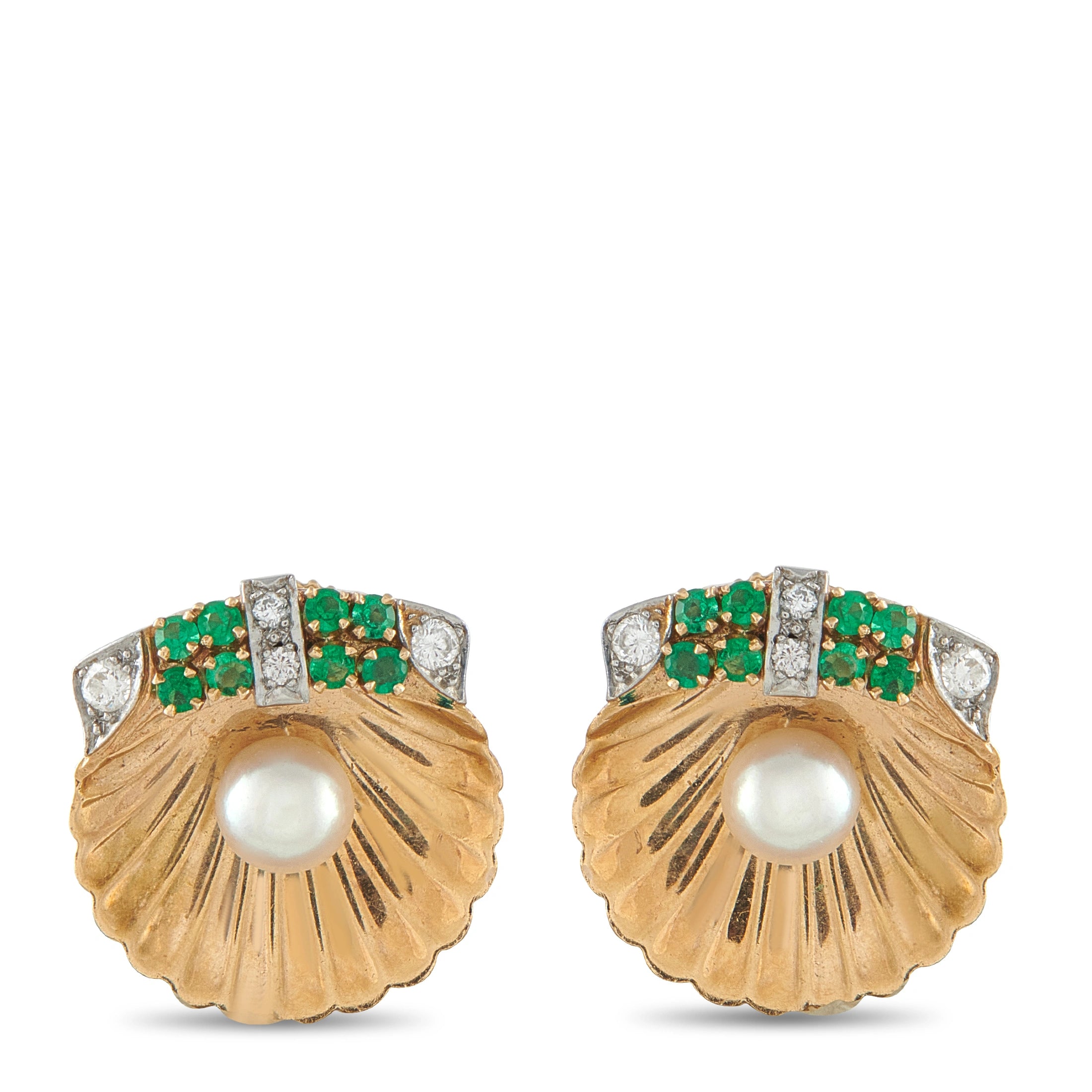 Gold-tone clamshell stud earrings with white pearl, green gem rows, and diamond accents