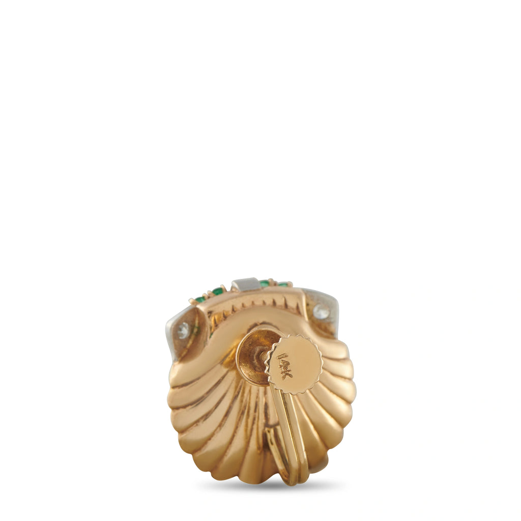 Gold-tone clamshell earrings with pearl and textured shell design, view of back and post