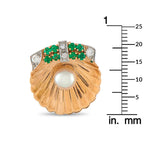 Gold-tone clamshell earrings with central white pearl, green stones, and clear gem accents