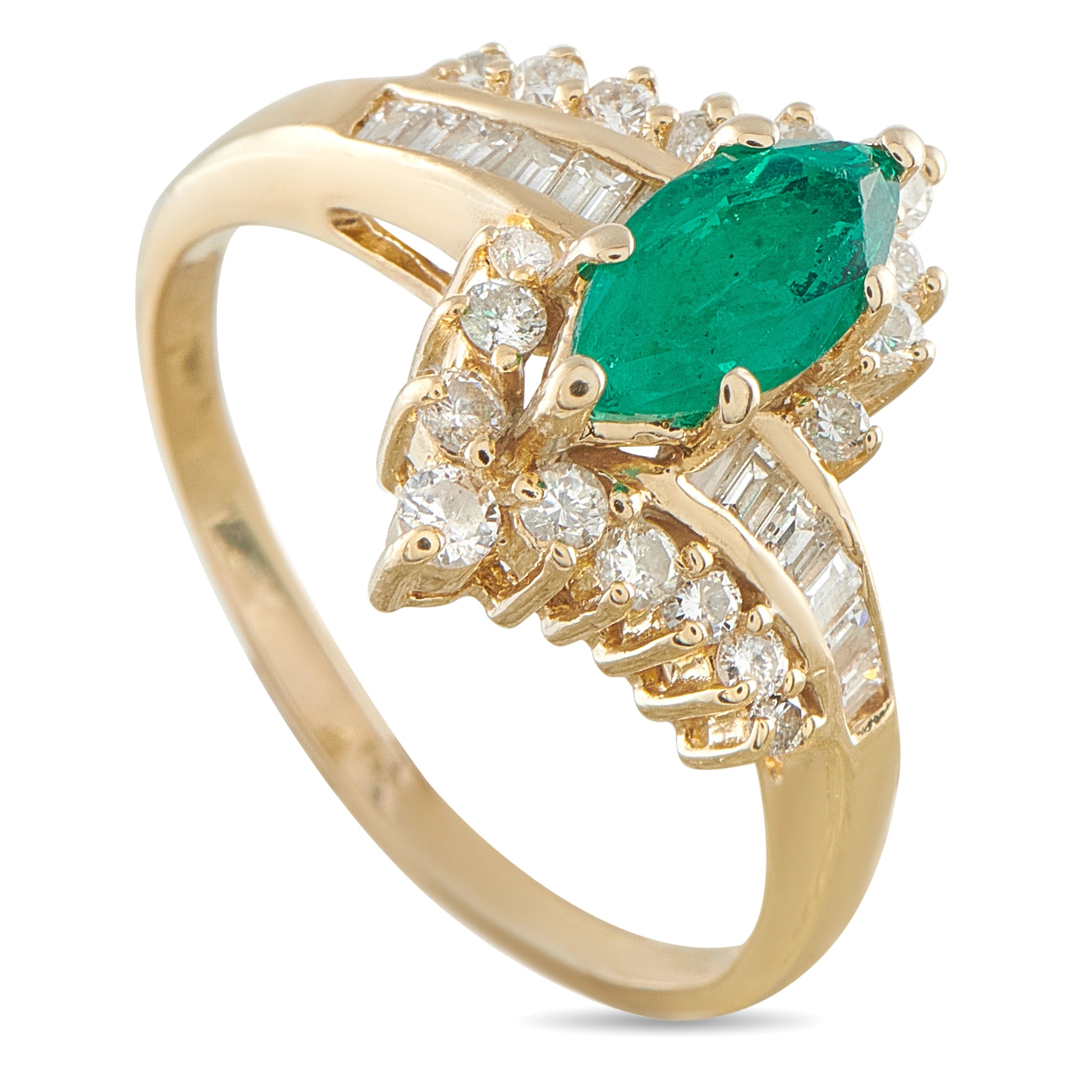 14K yellow gold ring with oval emerald center and diamond halo accents