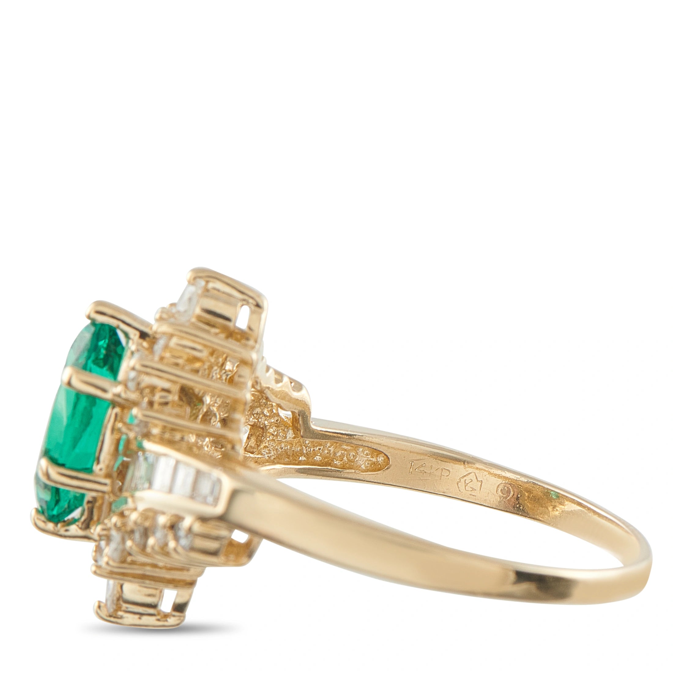 14K yellow gold ring side view with emerald gemstone and diamond cluster, stamped band