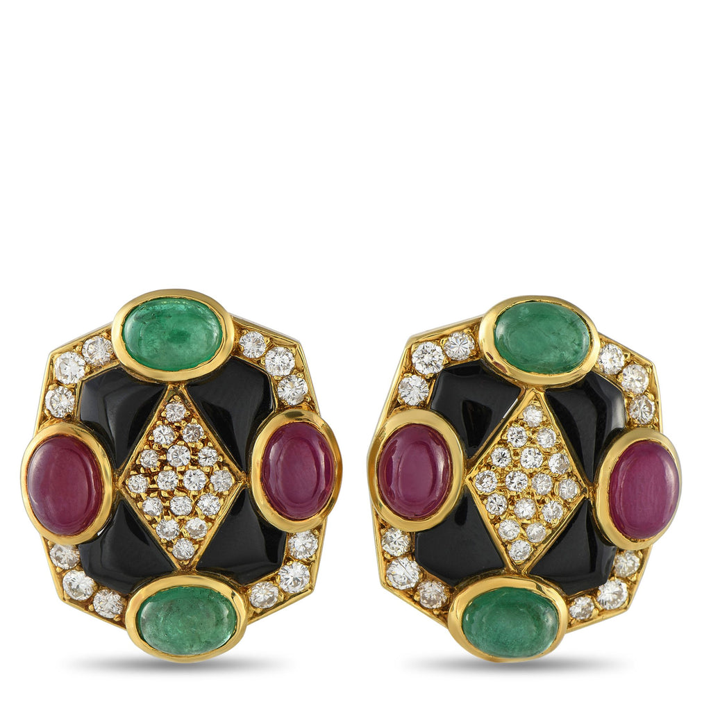 Exclusive 14K Yellow Gold 2.40ct Diamond, Emerald and Ruby Clip-On Earrings MF35-061125 – A geometric design makes these earr