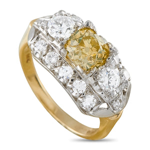 Antique 14K Yellow Gold 2.10ct Fancy Yellow and White Diamond Cocktail Ring