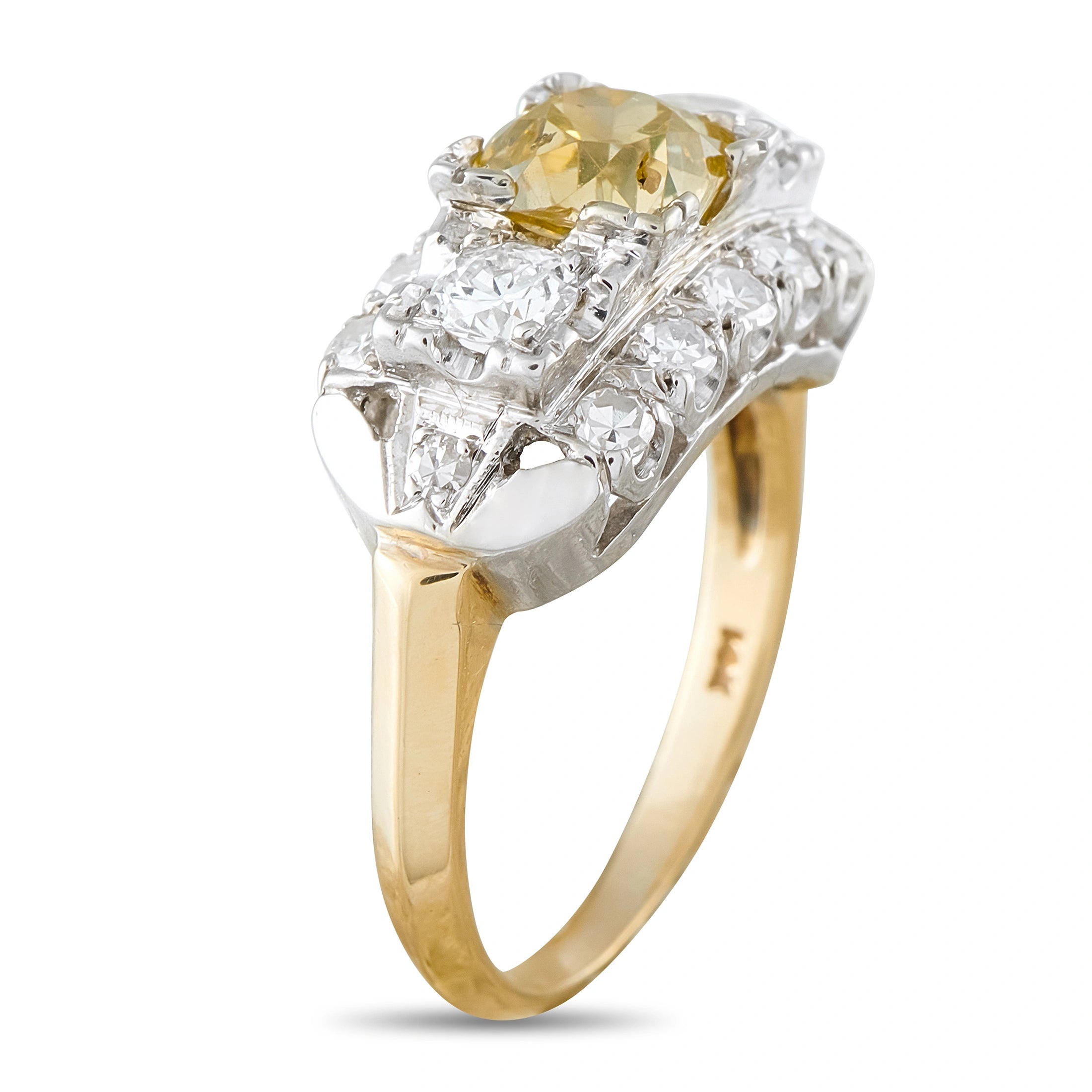 Antique 14K Yellow Gold 2.10ct Fancy Yellow and White Diamond Cocktail Ring
