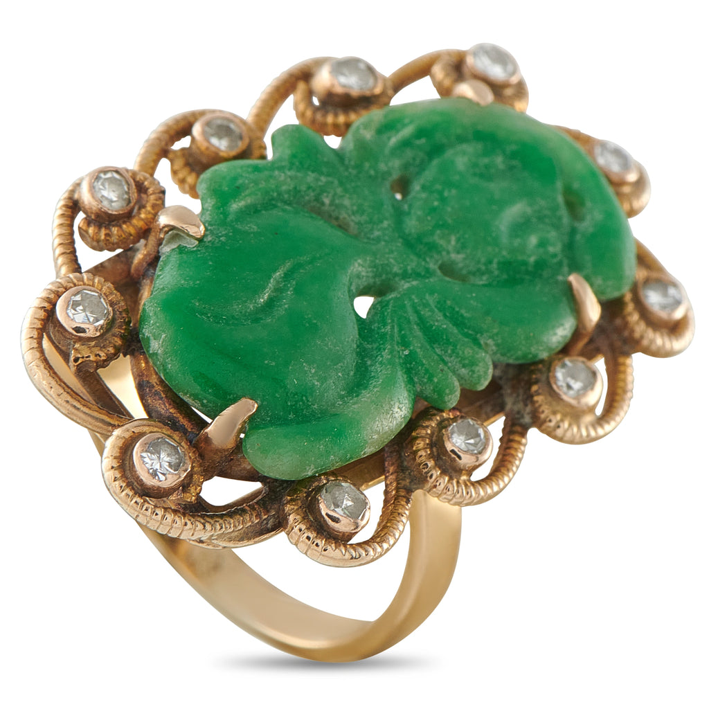 14K Yellow Gold 0.11ct Diamond and Jade Ring