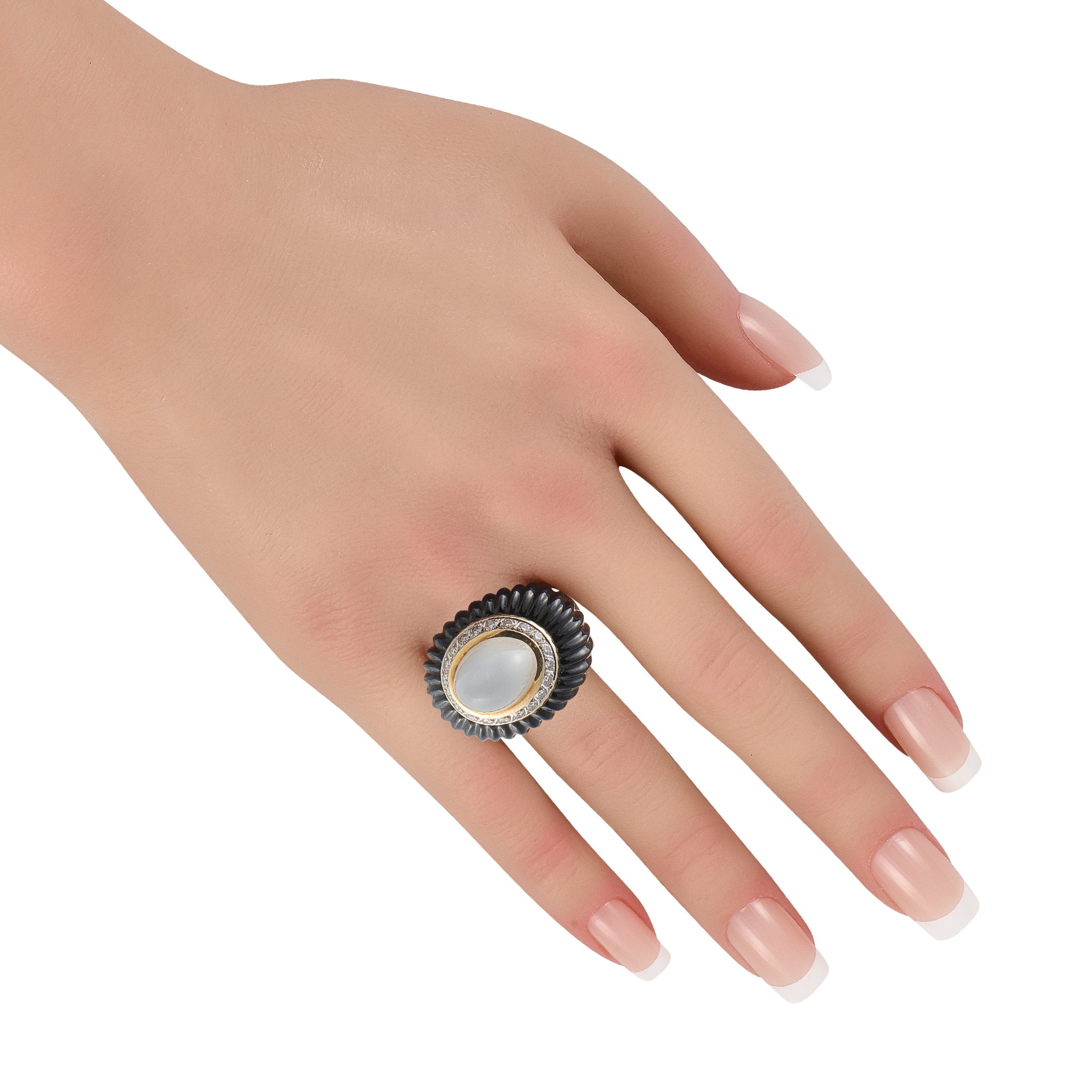 14K Yellow Gold 1.0ct Diamond, Moonstone, and Onyx Ring