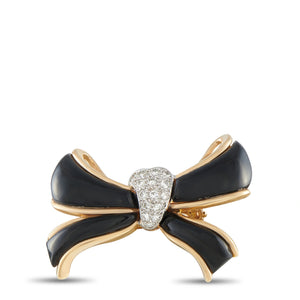 Vintage 14K Yellow Gold 0.15ct Diamond and Onyx Bow Pendant