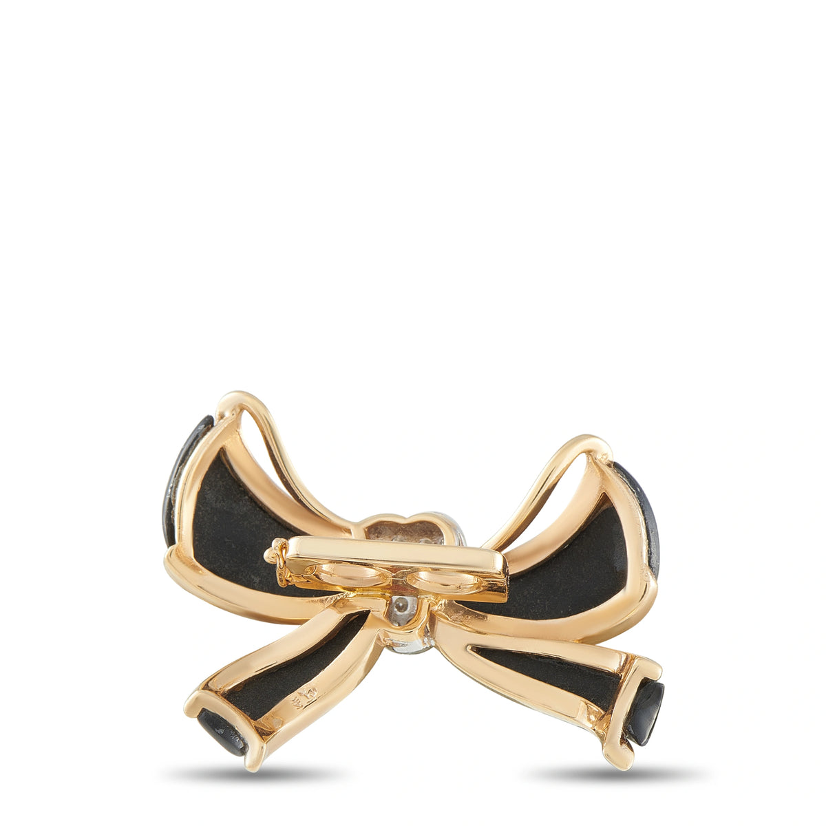 Gold bow pendant with black enamel ribbons and top bale loop for chain