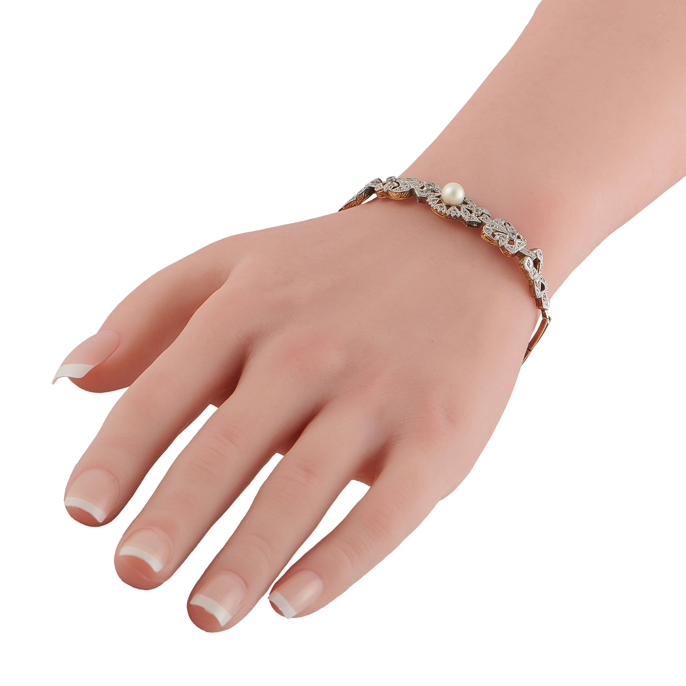 14K Yellow Gold 0.30ct Diamond Pearl Bracelet