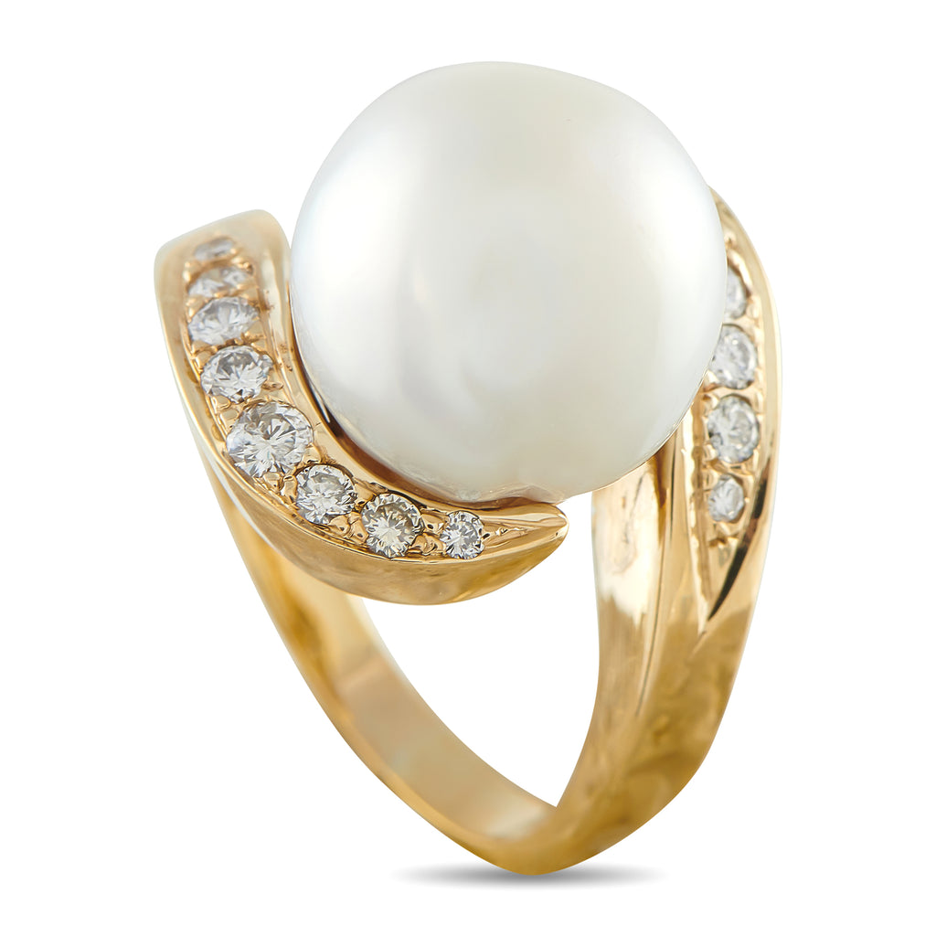 14K Yellow Gold 0.45ct Diamond and Pearl Ring