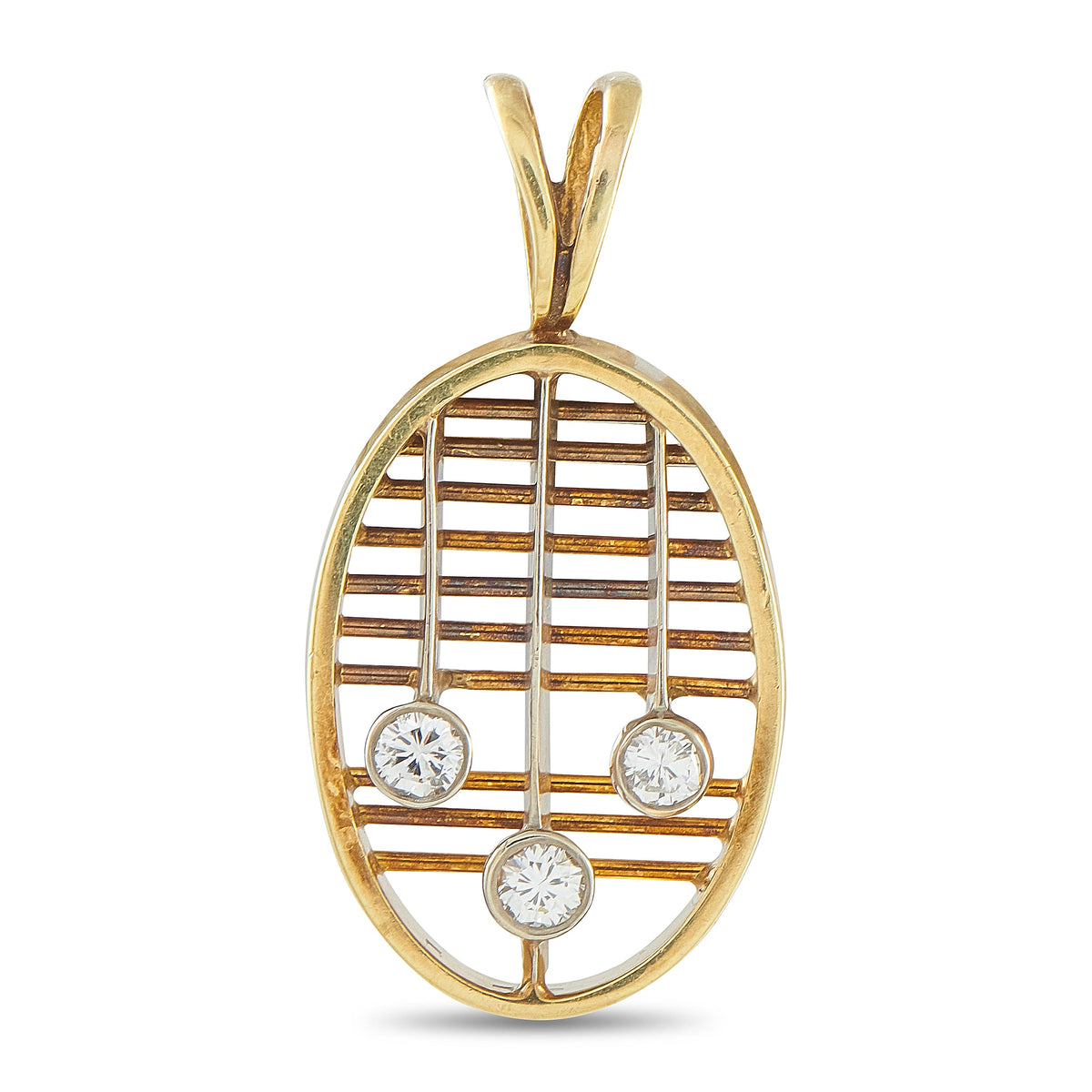 Oval 14K yellow gold pendant with gold lattice and three round diamond accents