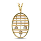 Oval yellow gold diamond pendant with striped lattice and three round diamonds