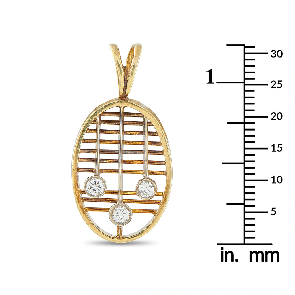 Oval 14K yellow gold pendant with grid lattice and three round diamonds, bail top