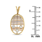 Oval 14K yellow gold pendant with grid lattice and three round diamonds, bail top