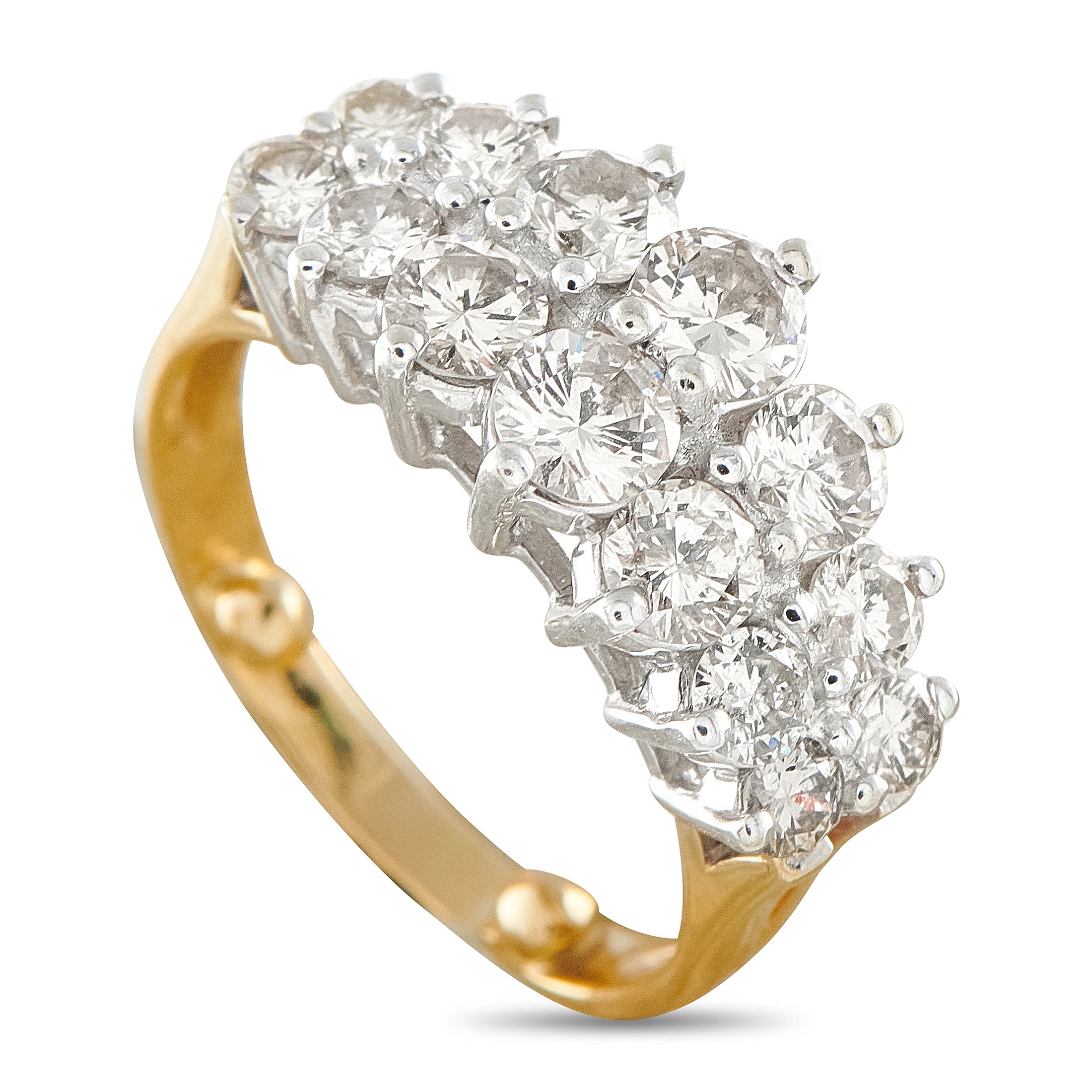14K yellow gold diamond ring with round diamond cluster, scalloped prong setting