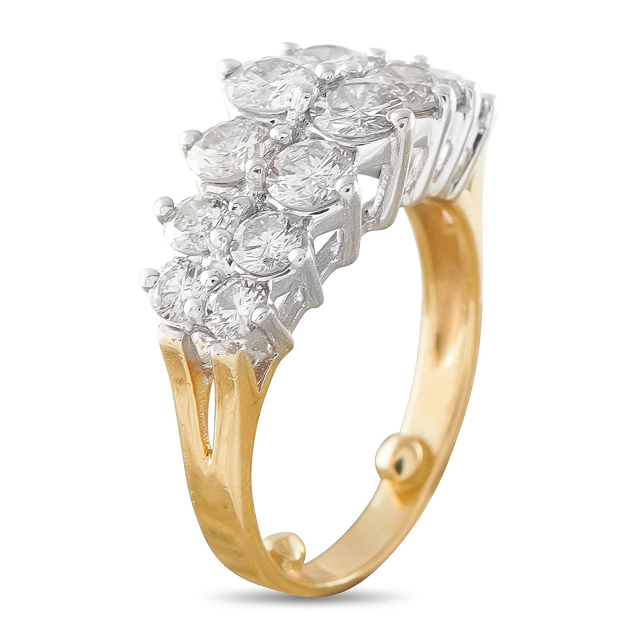 14K yellow gold diamond ring featuring a large round diamond cluster with prongs