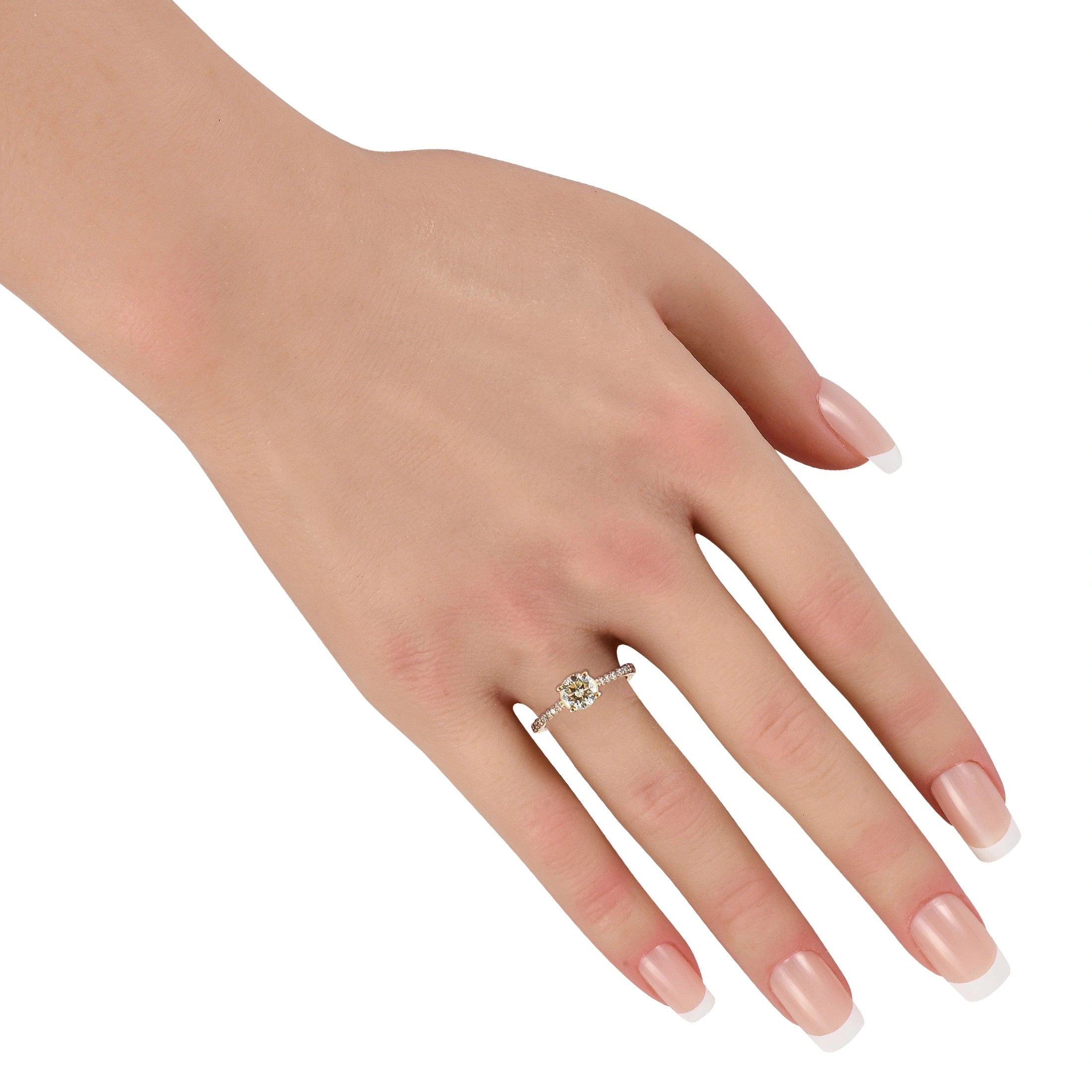 Diamond ring on hand: 14k yellow gold band with oval center and round side stones