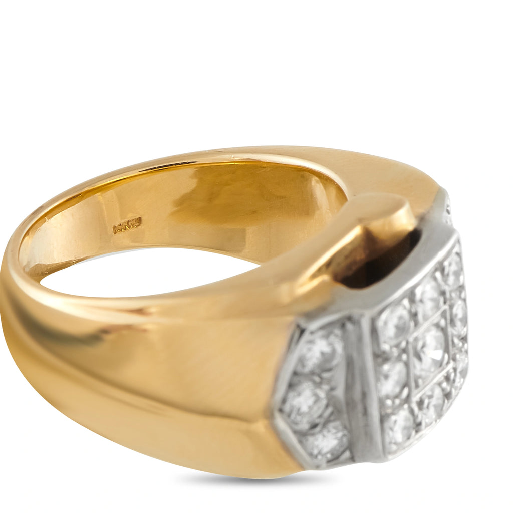 14K yellow gold ring with raised diamond-set panel on the side of the band
