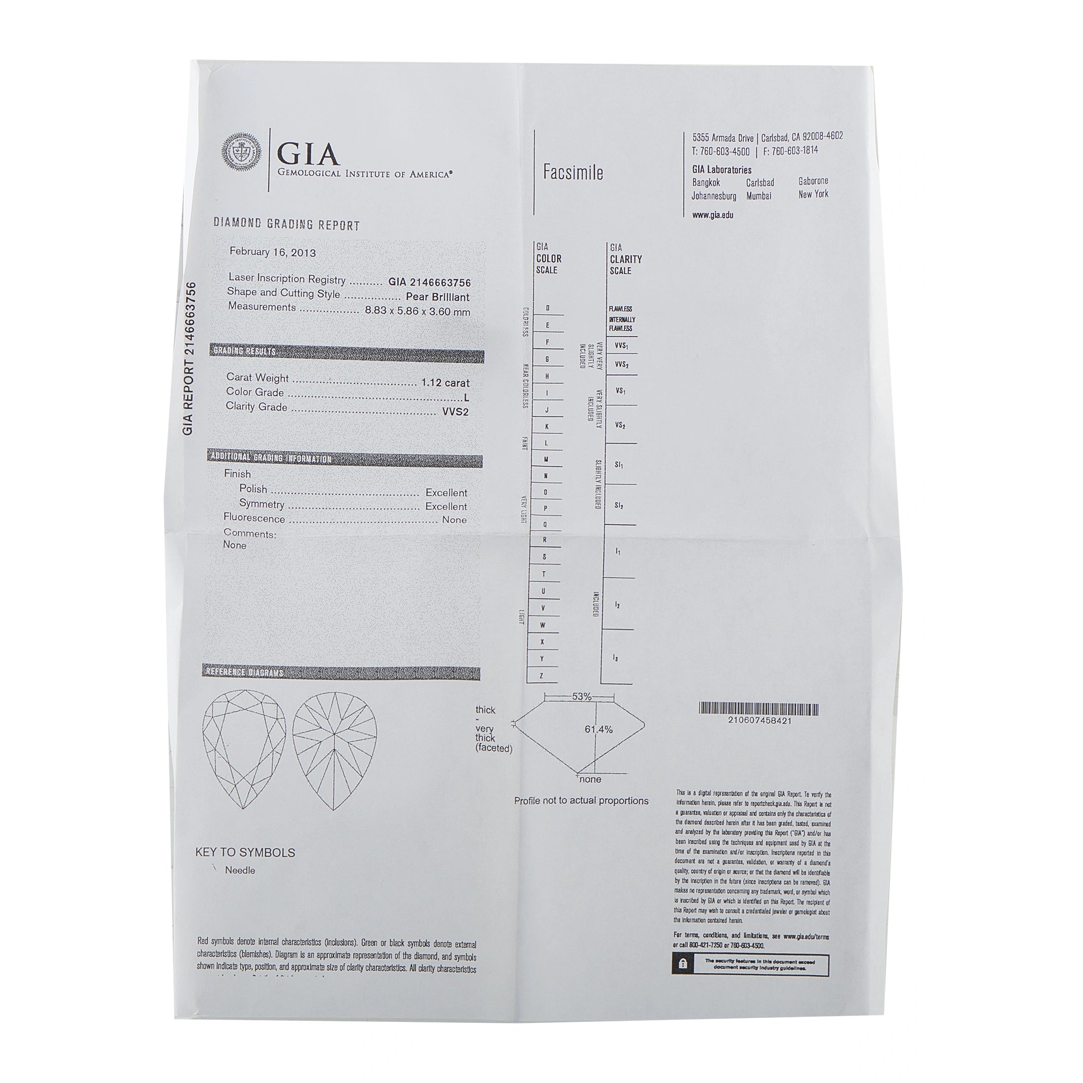 Diamond grading report certificate document for solitaire diamond