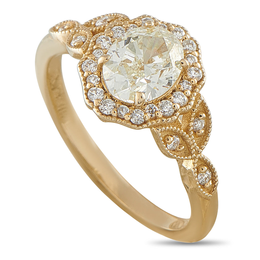 14k yellow gold diamond halo engagement ring with oval center stone