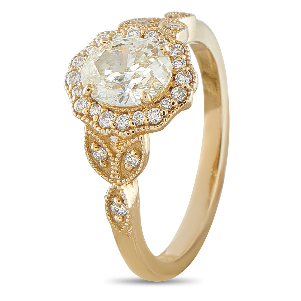 14k yellow gold diamond halo engagement ring with oval center stone and curved band