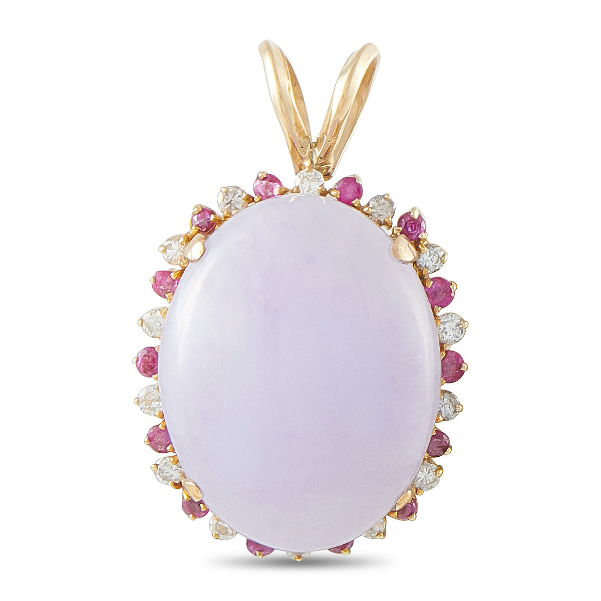 Oval lavender jade pendant with yellow gold bail and halo of pink and clear stones