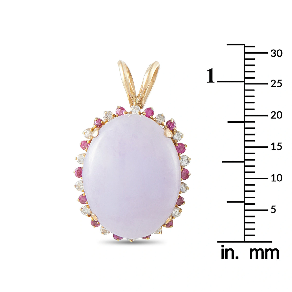 Oval lavender jade pendant with yellow gold halo of pink stones and clear accents