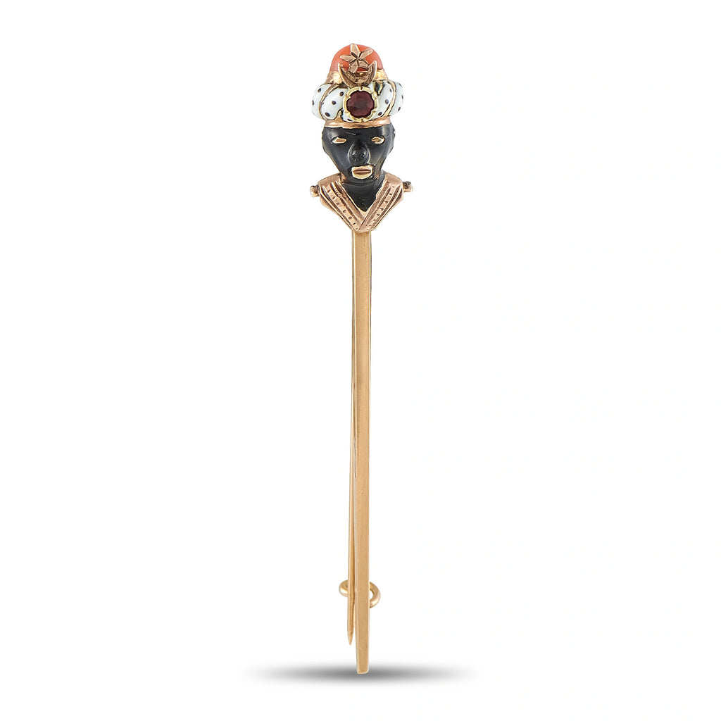 Gold enamel stick pin with multicolor face and orange crown, long pin with loop clasp